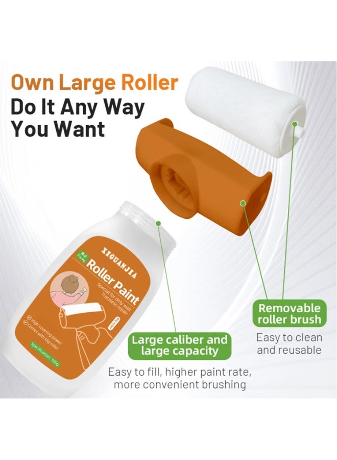 XIGUANJIA Drywall Repair Kit, Upgrade 500g Large Capacity White Paint with Roller, Wall Surface Scratch Quick and Easy Solution, Small Roller Brush Repair Kit - White - Image 2